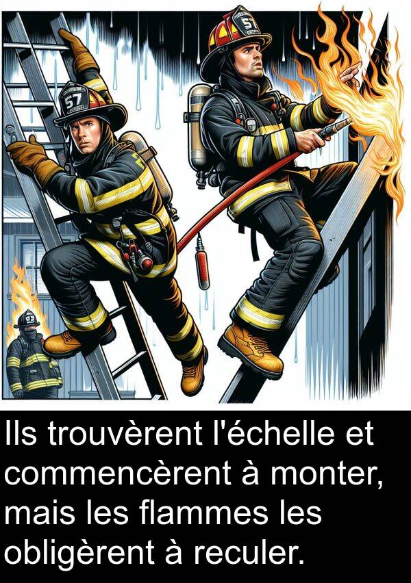 flammes: Ils trouvèrent l'échelle et commencèrent à monter, mais les flammes les obligèrent à reculer.