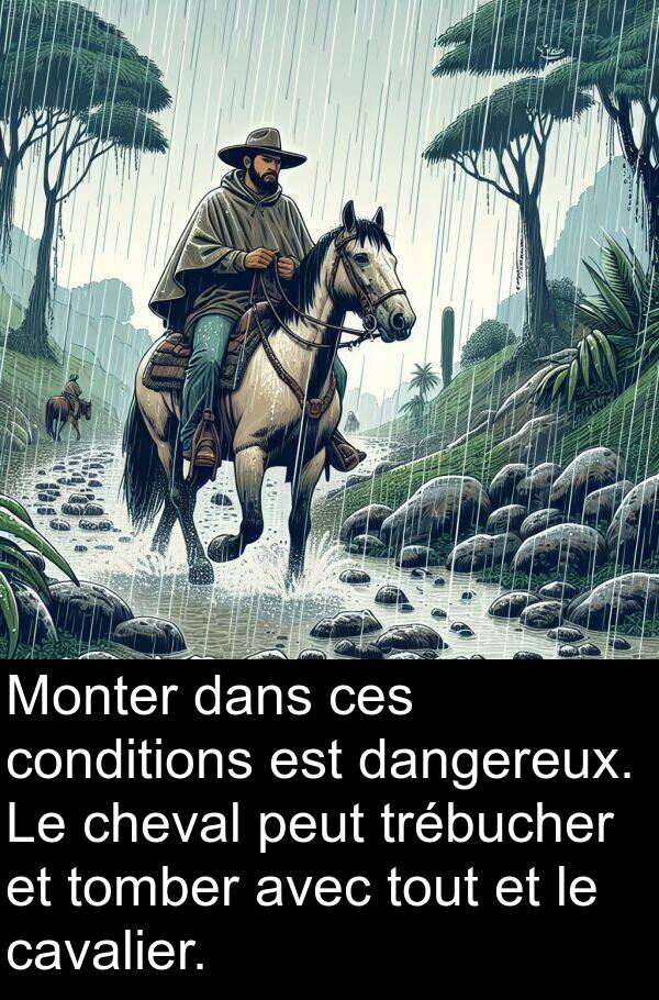 trébucher: Monter dans ces conditions est dangereux. Le cheval peut trébucher et tomber avec tout et le cavalier.