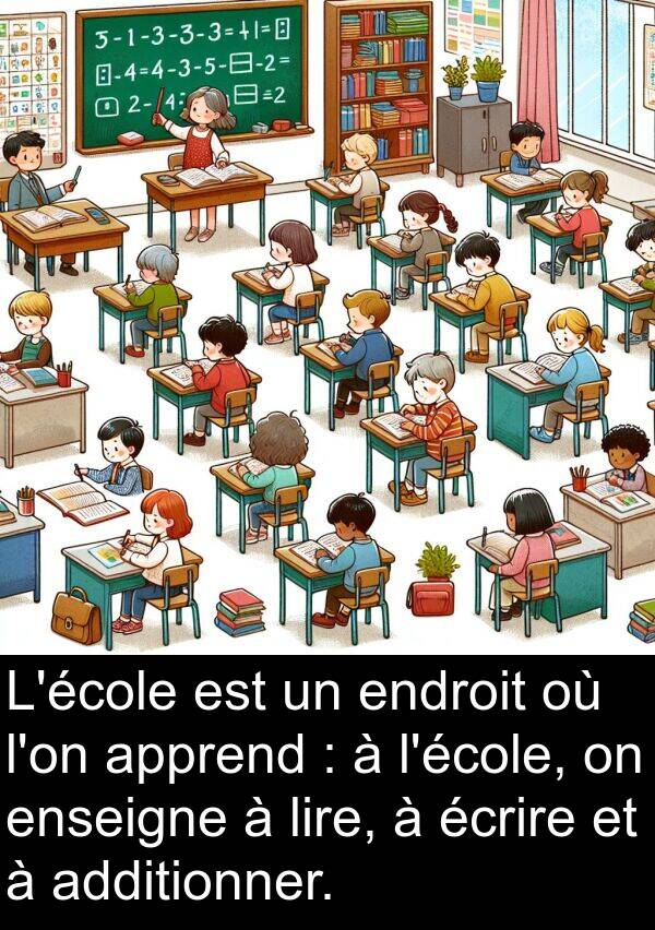 additionner: L'école est un endroit où l'on apprend : à l'école, on enseigne à lire, à écrire et à additionner.