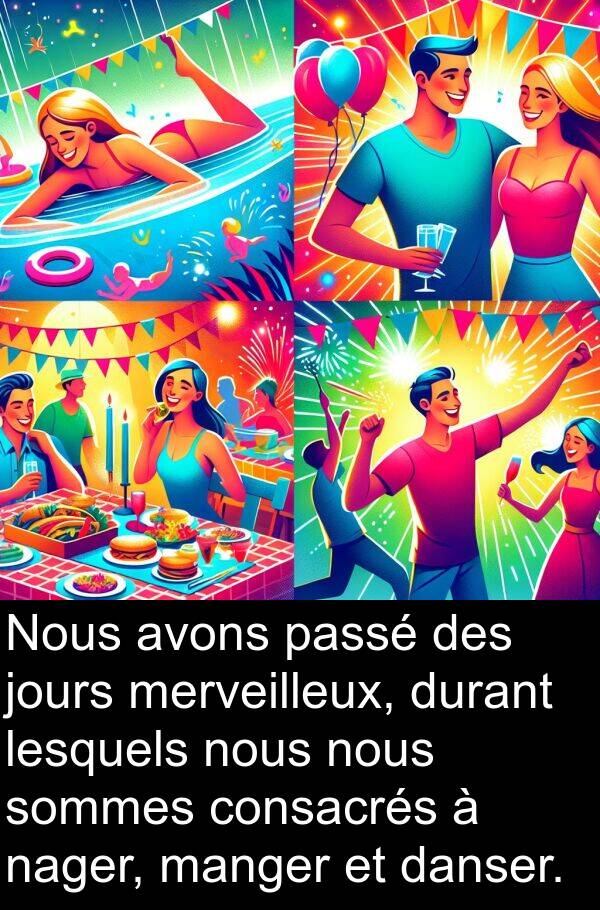 lesquels: Nous avons passé des jours merveilleux, durant lesquels nous nous sommes consacrés à nager, manger et danser.