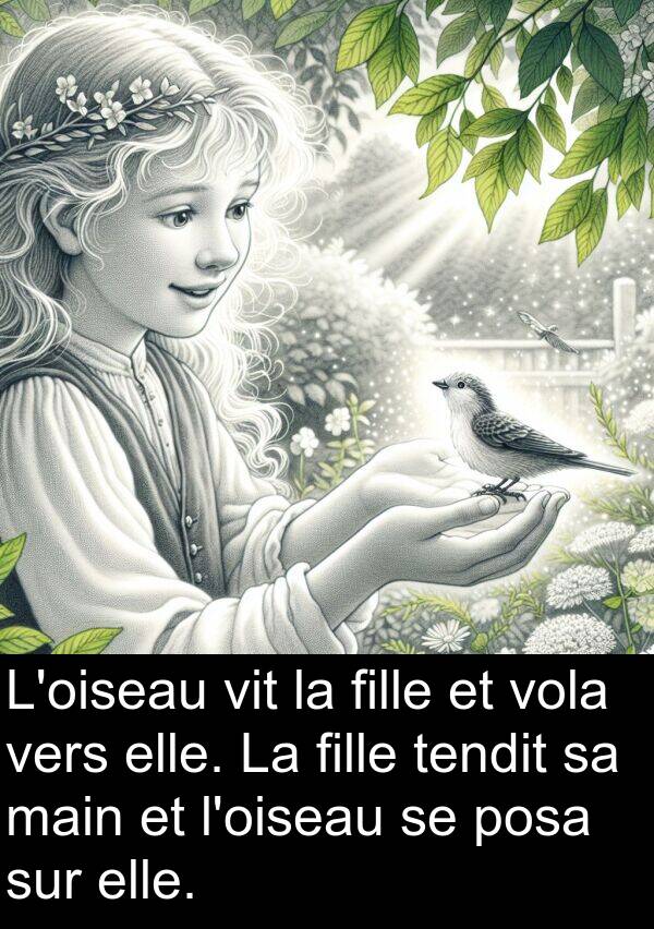 vit: L'oiseau vit la fille et vola vers elle. La fille tendit sa main et l'oiseau se posa sur elle.