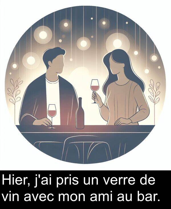 ami: Hier, j'ai pris un verre de vin avec mon ami au bar.