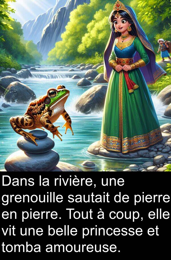 vit: Dans la rivière, une grenouille sautait de pierre en pierre. Tout à coup, elle vit une belle princesse et tomba amoureuse.