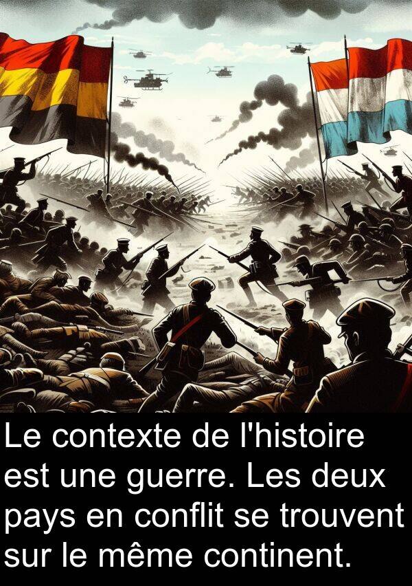 trouvent: Le contexte de l'histoire est une guerre. Les deux pays en conflit se trouvent sur le même continent.