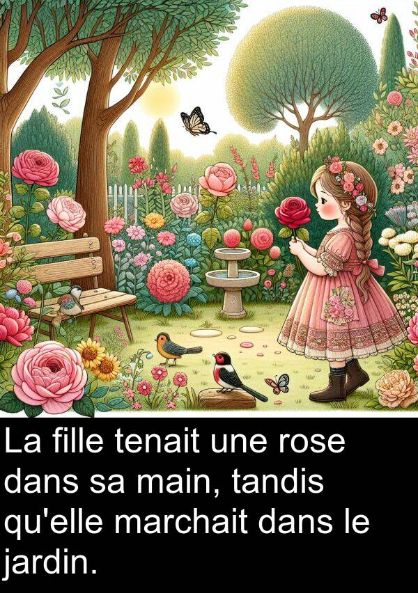 fille: La fille tenait une rose dans sa main, tandis qu'elle marchait dans le jardin.