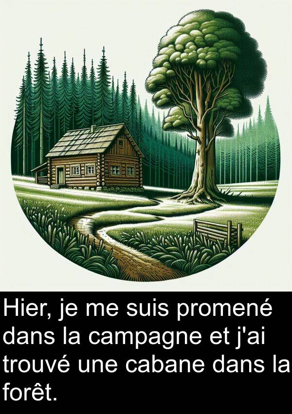 forêt: Hier, je me suis promené dans la campagne et j'ai trouvé une cabane dans la forêt.