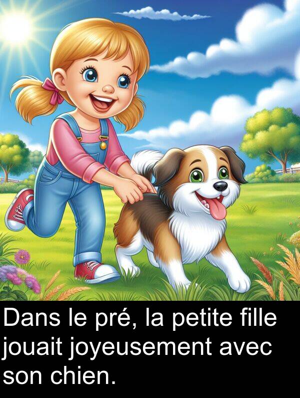 fille: Dans le pré, la petite fille jouait joyeusement avec son chien.