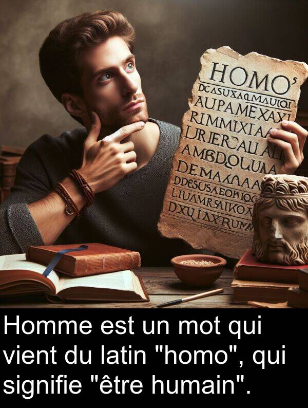 vient: Homme est un mot qui vient du latin "homo", qui signifie "être humain".