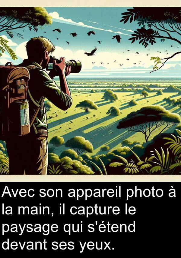 yeux: Avec son appareil photo à la main, il capture le paysage qui s'étend devant ses yeux.