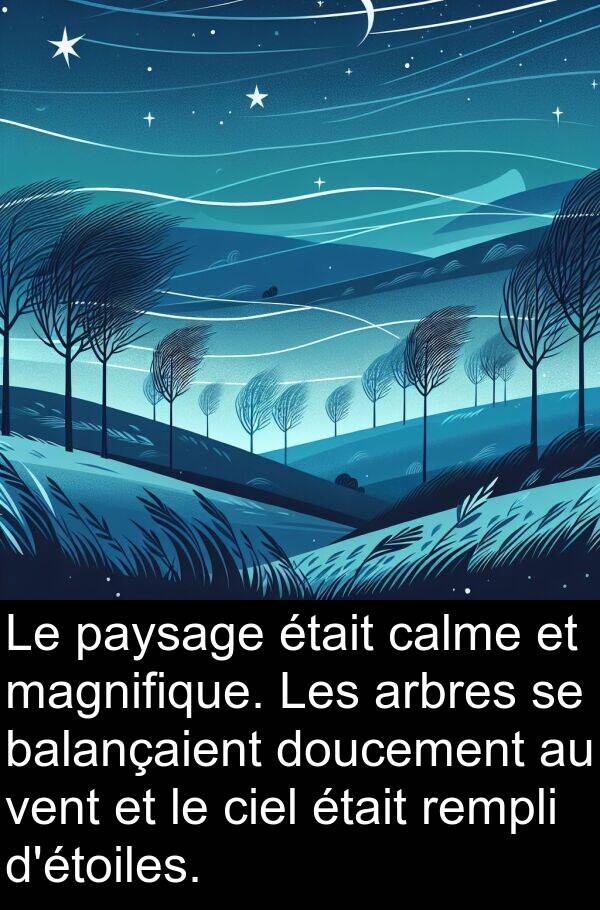 vent: Le paysage était calme et magnifique. Les arbres se balançaient doucement au vent et le ciel était rempli d'étoiles.