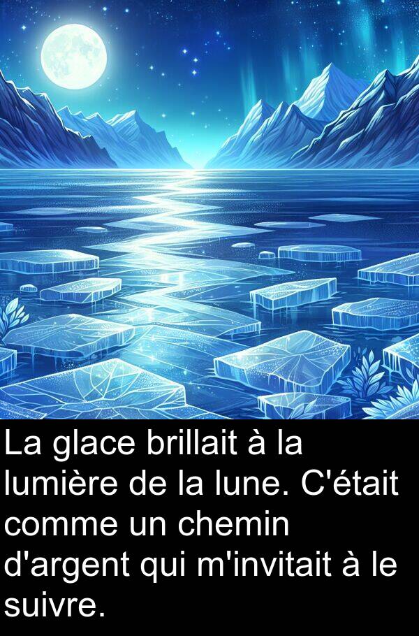 lumière: La glace brillait à la lumière de la lune. C'était comme un chemin d'argent qui m'invitait à le suivre.