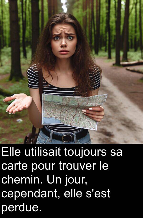 utilisait: Elle utilisait toujours sa carte pour trouver le chemin. Un jour, cependant, elle s'est perdue.