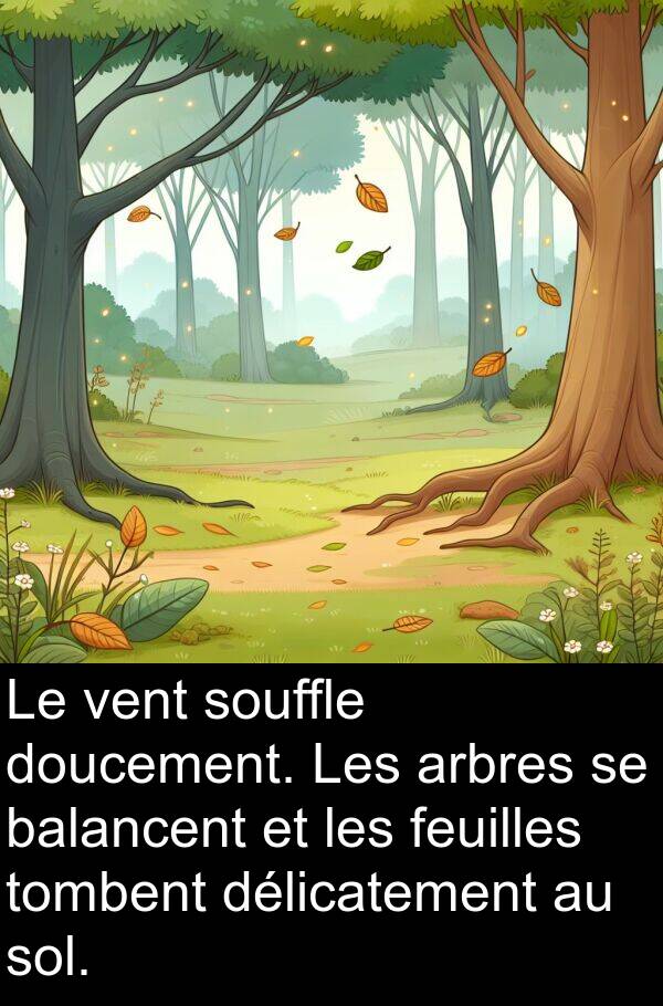 arbres: Le vent souffle doucement. Les arbres se balancent et les feuilles tombent délicatement au sol.