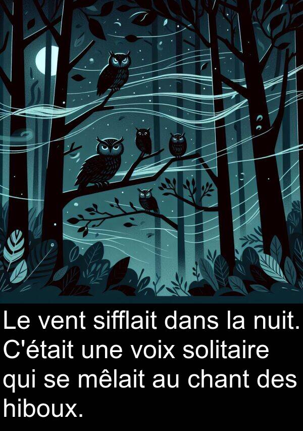 voix: Le vent sifflait dans la nuit. C'était une voix solitaire qui se mêlait au chant des hiboux.