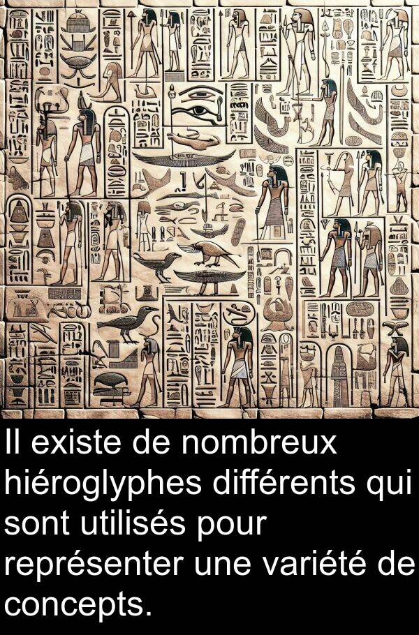 utilisés: Il existe de nombreux hiéroglyphes différents qui sont utilisés pour représenter une variété de concepts.