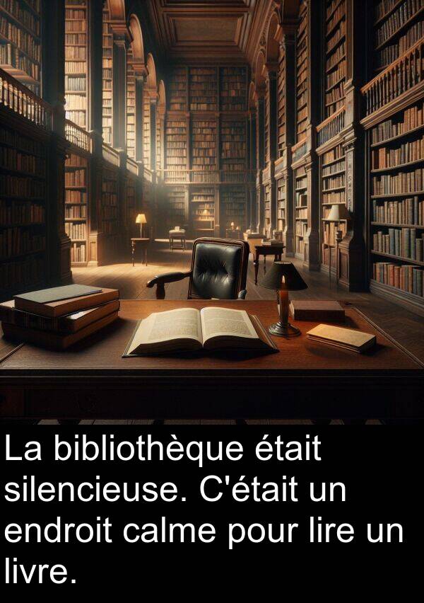 bibliothèque: La bibliothèque était silencieuse. C'était un endroit calme pour lire un livre.