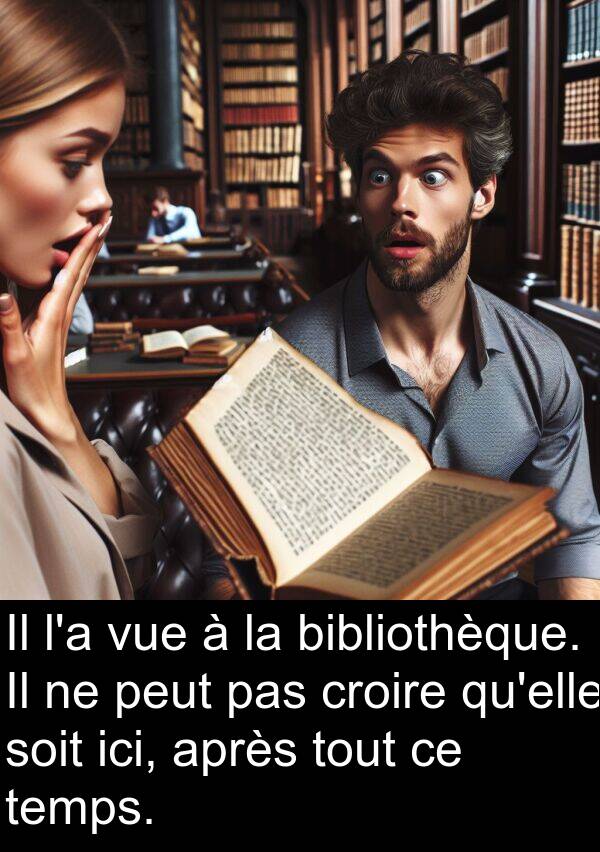 bibliothèque: Il l'a vue à la bibliothèque. Il ne peut pas croire qu'elle soit ici, après tout ce temps.