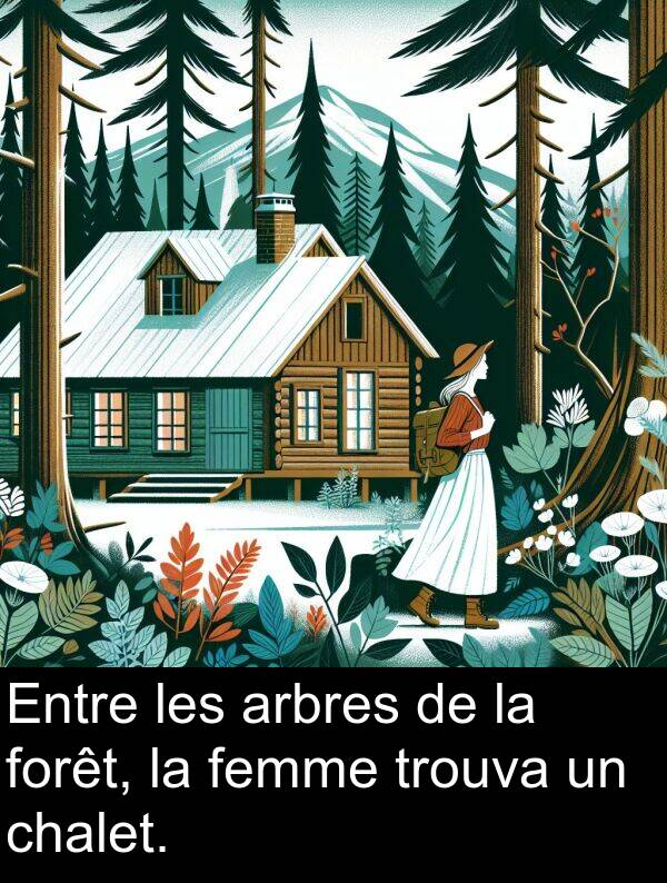 arbres: Entre les arbres de la forêt, la femme trouva un chalet.