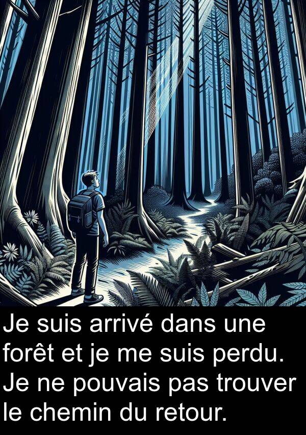 arrivé: Je suis arrivé dans une forêt et je me suis perdu. Je ne pouvais pas trouver le chemin du retour.