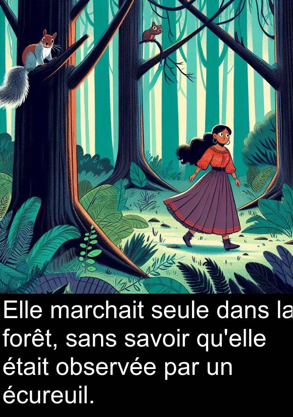 marchait: Elle marchait seule dans la forêt, sans savoir qu'elle était observée par un écureuil.