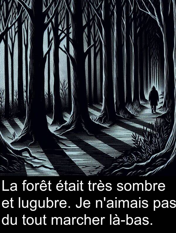 marcher: La forêt était très sombre et lugubre. Je n'aimais pas du tout marcher là-bas.