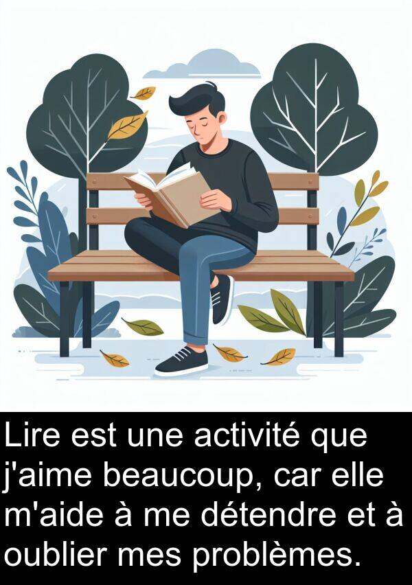 activité: Lire est une activité que j'aime beaucoup, car elle m'aide à me détendre et à oublier mes problèmes.