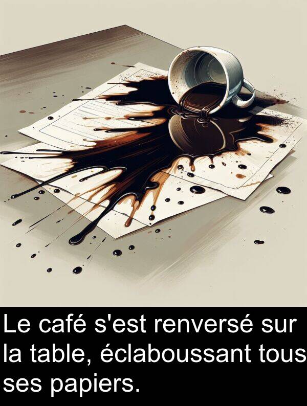 table: Le café s'est renversé sur la table, éclaboussant tous ses papiers.