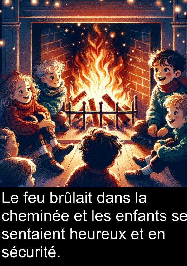 feu: Le feu brûlait dans la cheminée et les enfants se sentaient heureux et en sécurité.