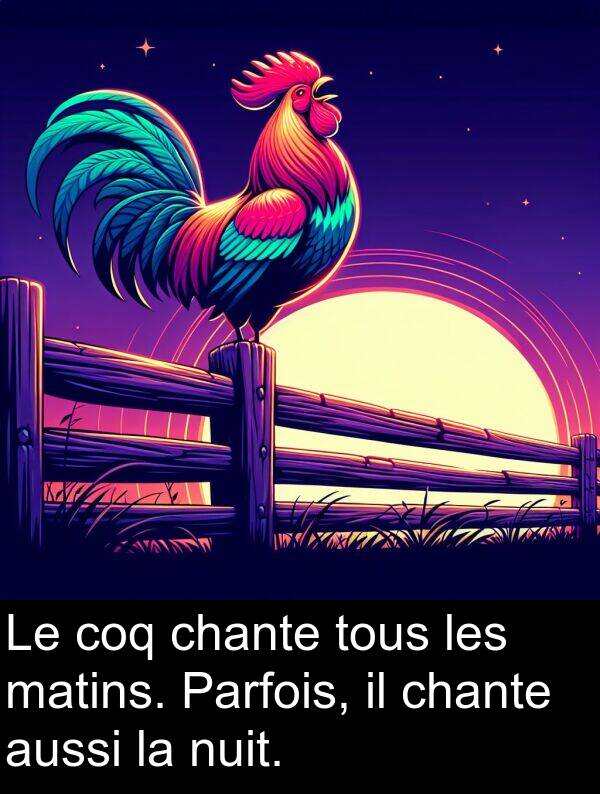 matins: Le coq chante tous les matins. Parfois, il chante aussi la nuit.