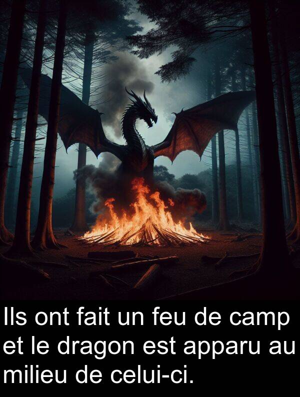 feu: Ils ont fait un feu de camp et le dragon est apparu au milieu de celui-ci.