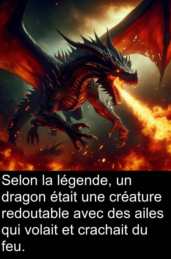 feu: Selon la légende, un dragon était une créature redoutable avec des ailes qui volait et crachait du feu.