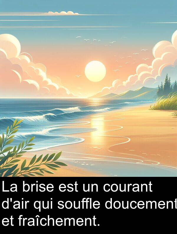 fraîchement: La brise est un courant d'air qui souffle doucement et fraîchement.