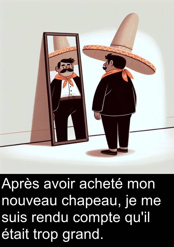 acheté: Après avoir acheté mon nouveau chapeau, je me suis rendu compte qu'il était trop grand.