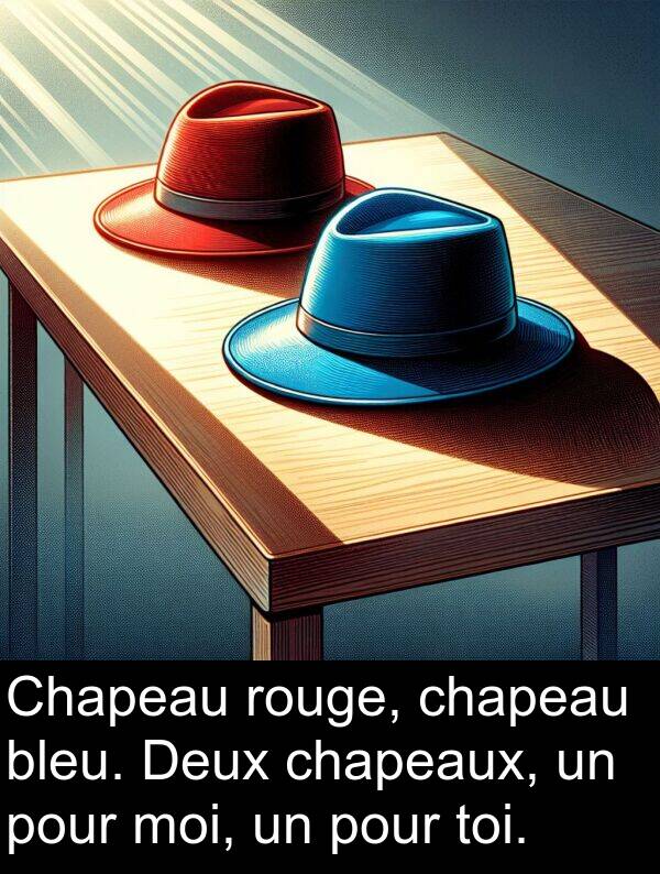 bleu: Chapeau rouge, chapeau bleu. Deux chapeaux, un pour moi, un pour toi.