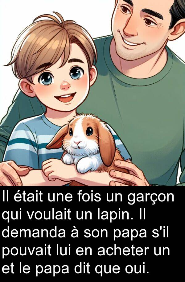 voulait: Il était une fois un garçon qui voulait un lapin. Il demanda à son papa s'il pouvait lui en acheter un et le papa dit que oui.