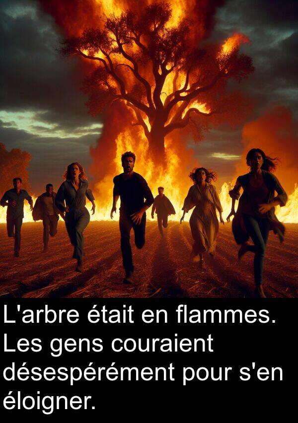 gens: L'arbre était en flammes. Les gens couraient désespérément pour s'en éloigner.