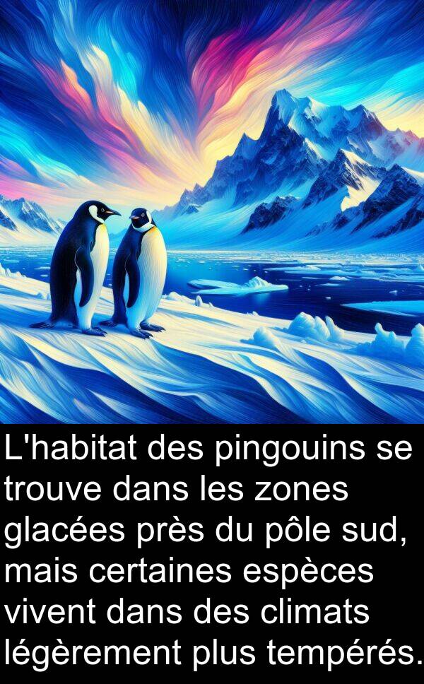 légèrement: L'habitat des pingouins se trouve dans les zones glacées près du pôle sud, mais certaines espèces vivent dans des climats légèrement plus tempérés.