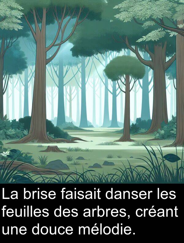 arbres: La brise faisait danser les feuilles des arbres, créant une douce mélodie.