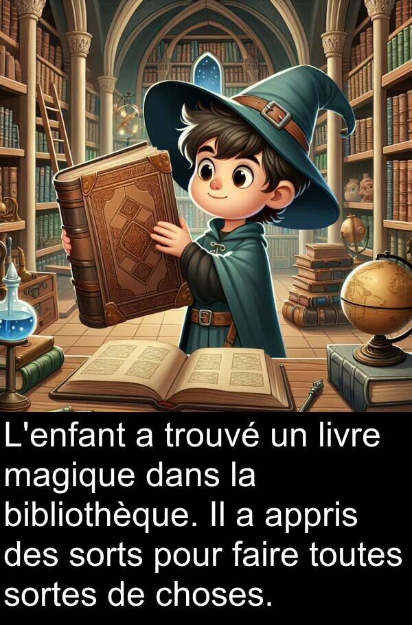 appris: L'enfant a trouvé un livre magique dans la bibliothèque. Il a appris des sorts pour faire toutes sortes de choses.