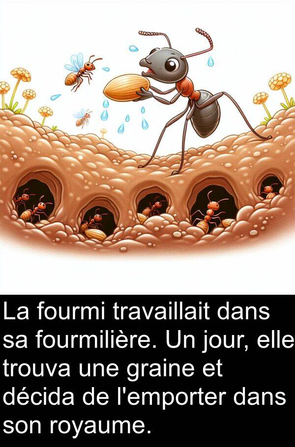 graine: La fourmi travaillait dans sa fourmilière. Un jour, elle trouva une graine et décida de l'emporter dans son royaume.