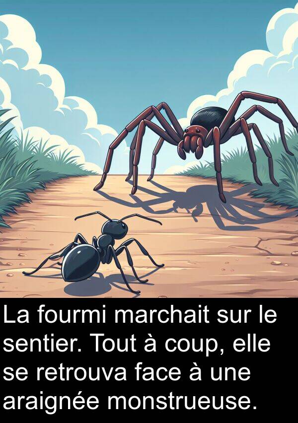 araignée: La fourmi marchait sur le sentier. Tout à coup, elle se retrouva face à une araignée monstrueuse.