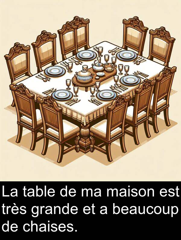 grande: La table de ma maison est très grande et a beaucoup de chaises.