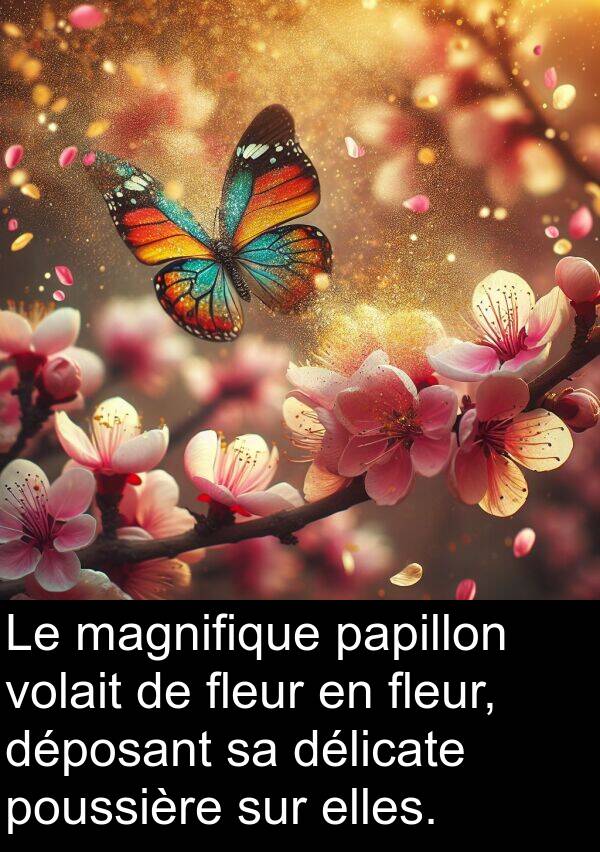 papillon: Le magnifique papillon volait de fleur en fleur, déposant sa délicate poussière sur elles.