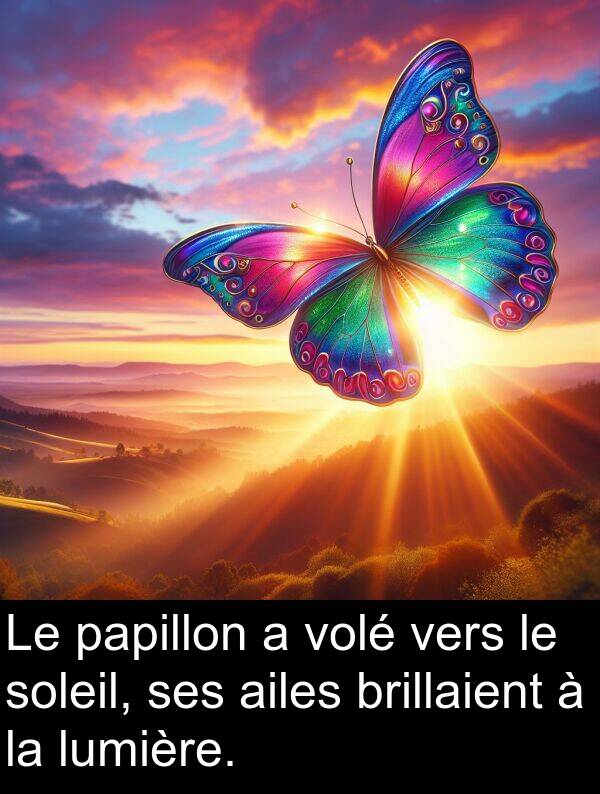 papillon: Le papillon a volé vers le soleil, ses ailes brillaient à la lumière.