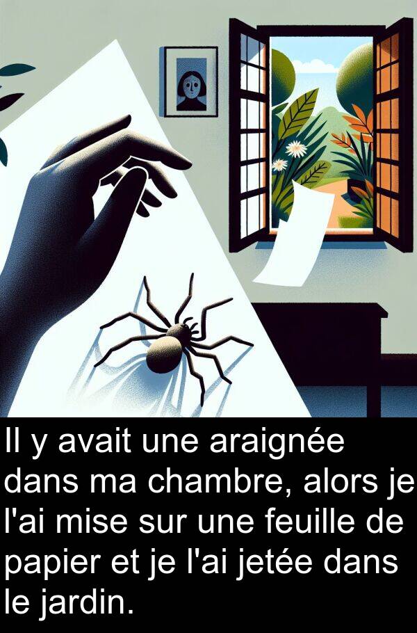 araignée: Il y avait une araignée dans ma chambre, alors je l'ai mise sur une feuille de papier et je l'ai jetée dans le jardin.