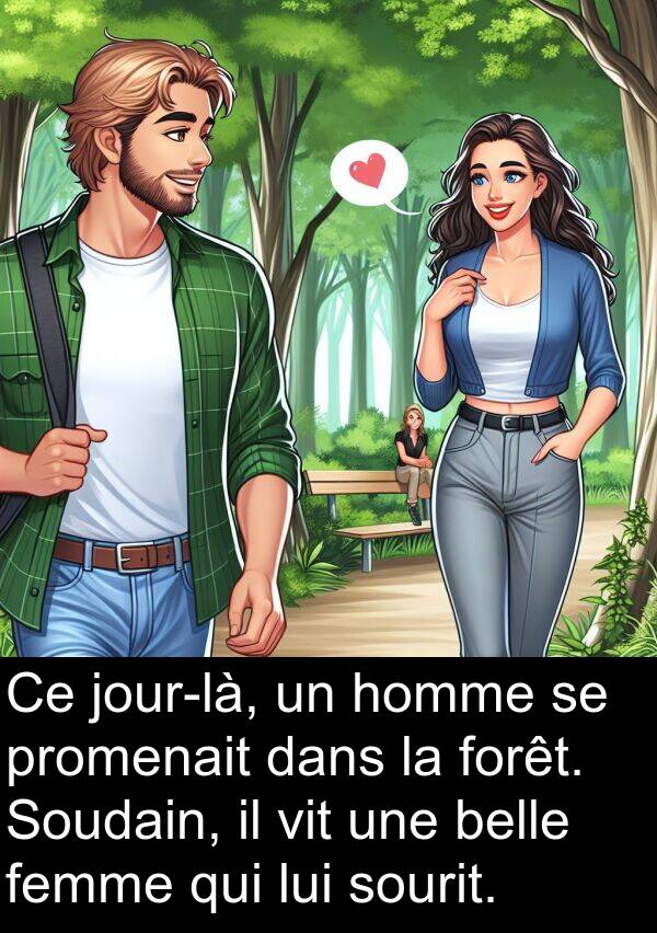 vit: Ce jour-là, un homme se promenait dans la forêt. Soudain, il vit une belle femme qui lui sourit.