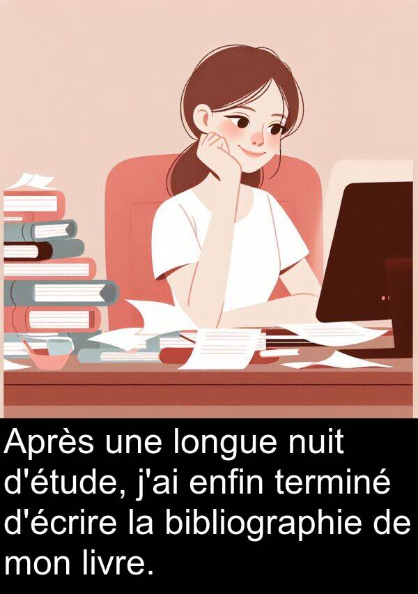 longue: Après une longue nuit d'étude, j'ai enfin terminé d'écrire la bibliographie de mon livre.