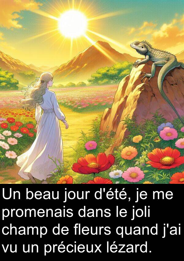 quand: Un beau jour d'été, je me promenais dans le joli champ de fleurs quand j'ai vu un précieux lézard.