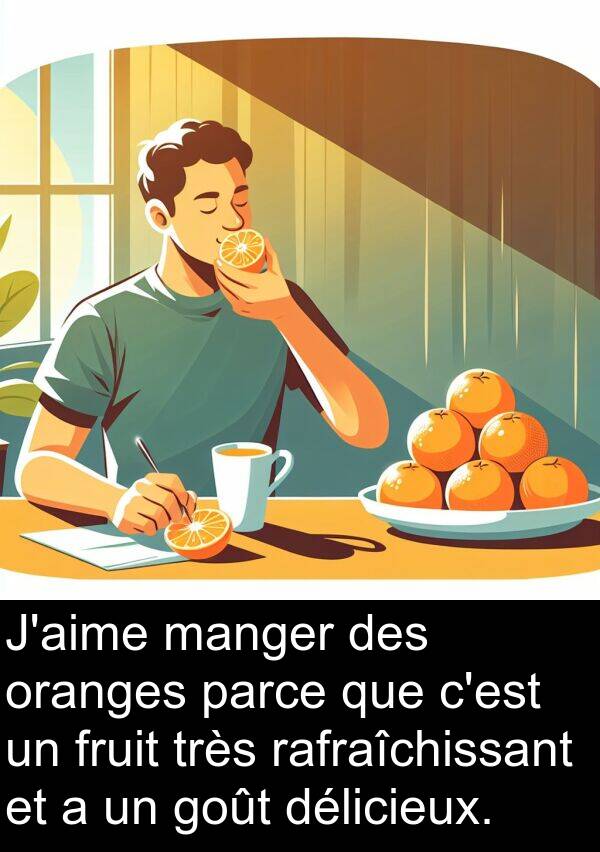 goût: J'aime manger des oranges parce que c'est un fruit très rafraîchissant et a un goût délicieux.