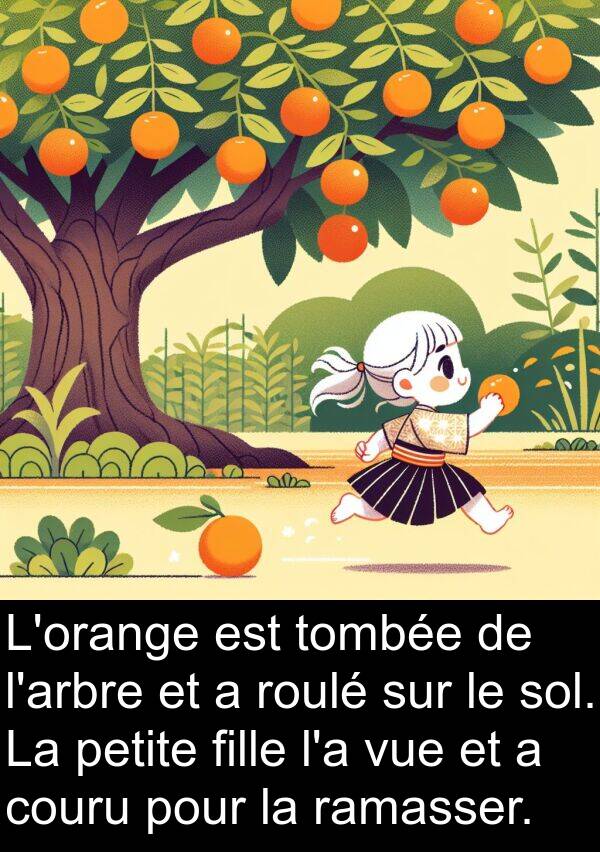 fille: L'orange est tombée de l'arbre et a roulé sur le sol. La petite fille l'a vue et a couru pour la ramasser.